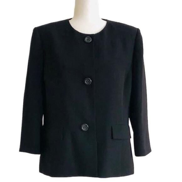 Evan Picone Blazer Jacket Black 3/4 Sleeve Three Button Front Blazer Size 12 - Picture 1 of 11